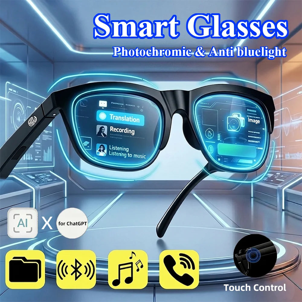 Photochromic Smart Glasses anti Blue Light Bluetooth V5.3 Call Headphones HIFI Men Women Sunglasses UV400 Sports Fishing Work
