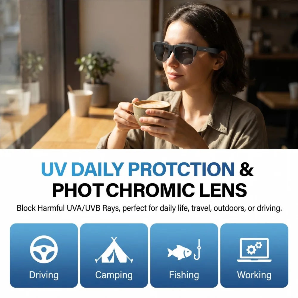 Photochromic Smart Glasses anti Blue Light Bluetooth V5.3 Call Headphones HIFI Men Women Sunglasses UV400 Sports Fishing Work