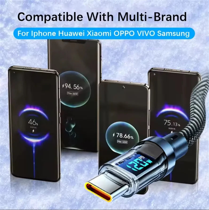 120W USB to Type C Fast Charging Cables for Samsung Xiaomi Redmi POCO PD 100W Data Cord with LED Display Screen for Iphone 17 16