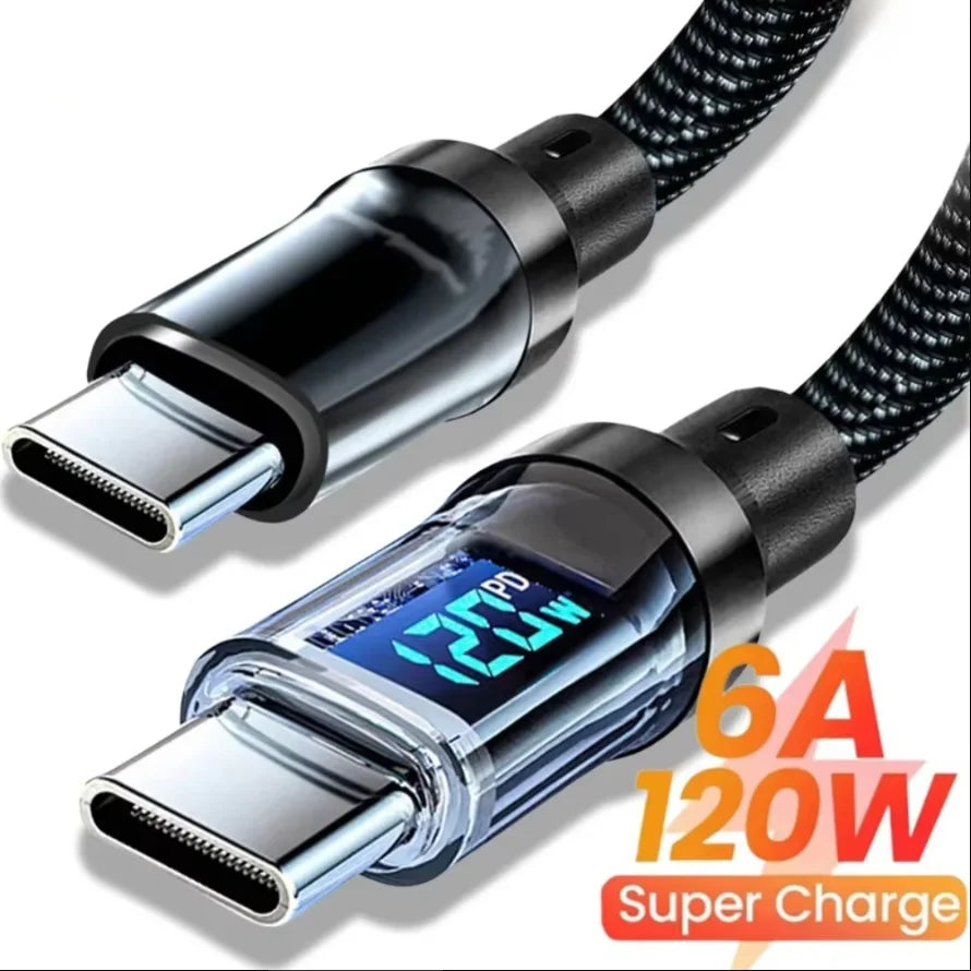 120W USB to Type C Fast Charging Cables for Samsung Xiaomi Redmi POCO PD 100W Data Cord with LED Display Screen for Iphone 17 16